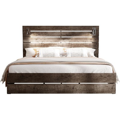 AMERLIFE Farmhouse Bed Frame, Headboard with LED Lights, Rustic Wood Look, No Box Spring Needed