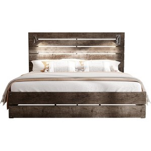 AMERLIFE Farmhouse Bed Frame, Headboard with LED Lights, Rustic Wood Look, No Box Spring Needed - 1 of 4