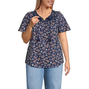 Lands' End Women's Slub Flutter Sleeve Lace Trim Notch Neck Tunic Top - 1 of 4