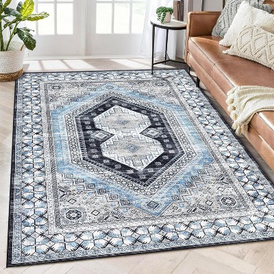 Boho Runner Rug, Washable Non Slip Vintage Carpet, Low Pile Non Shedding Floor Mat for Hallway, Bedroom, Kitchen, or Bathroom