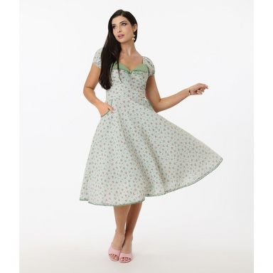 Unique Vintage Women's Puff Sleeve Swing Dress Green Gingham Floral S/4 :  Target