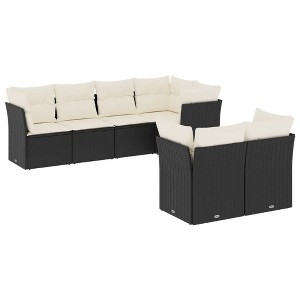 vidaXL Patio Sofa Set with Cushions Outdoor Furniture 7 Piece Poly Rattan - Black and Cream - 1 of 4