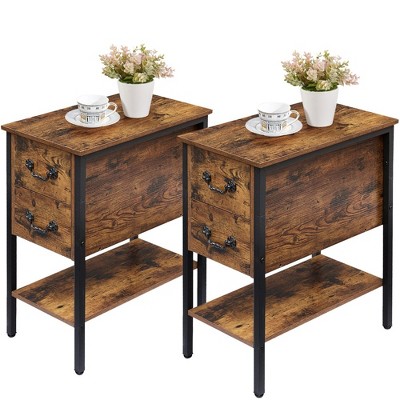 VECELO Modern Side Table Wooden Rectangle Nightstand Set with Double-drawer and Open Shelf