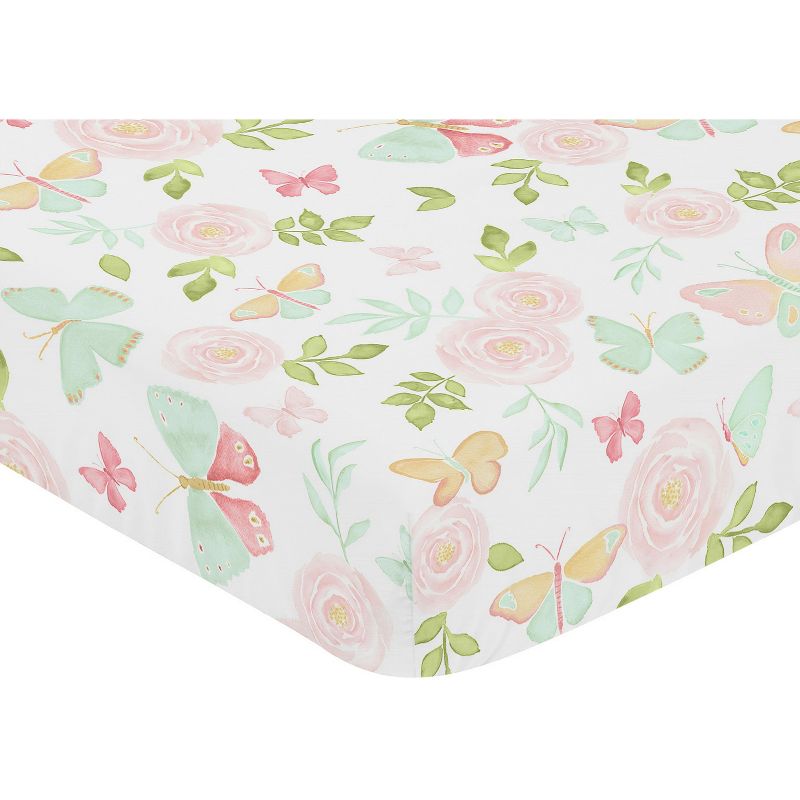 Sweet Jojo Designs Girl Baby Fitted Crib Sheet Butterfly Floral Pink Green and White, 4 of 8