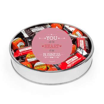 Valentine's Day Sugar Free Chocolate Gift Tin Large Plastic Tin with Sticker and Hershey's Candy & Reese's Mix - Emoji - By Just Candy