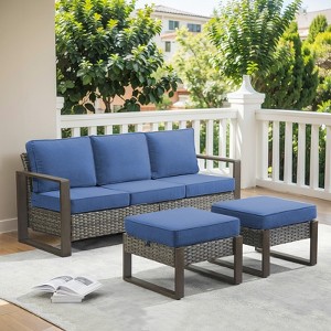 Buenhomino 3 Pieces Patio Sofa with Ottomans, All-Weather PE Rattan Wicker Sofa Small Patio Conversation Couch with Cushion,Blue Cushion&Brown Wicker - 1 of 4