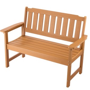 VEVOR Outdoor Bench, 50.5 inch, 800 lbs Weight Capacity for 2-3 Persons,Weatherproof Plastic Frame with Backrest and Wide Armrests, Natural Wood Color - 1 of 4