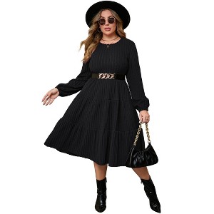 Clearlove Plus Size Women's Casual Knit Long Sleeve Swing Dress with Belt - 1 of 4