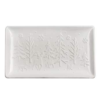 AuldHome Design- Ceramic Reindeer Christmas Tree Platter, White Embossed Serving Tray