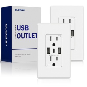ELEGRP 3 Ports Dual Type A & Type C USB Charger Wall Outlet, 15 Amp Tamper-Resistant Outlet, with Wall Plate, White(2 Pack) - 1 of 1