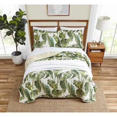 Twin White Cotton Reversible Quilt Set with Green Palm Design
