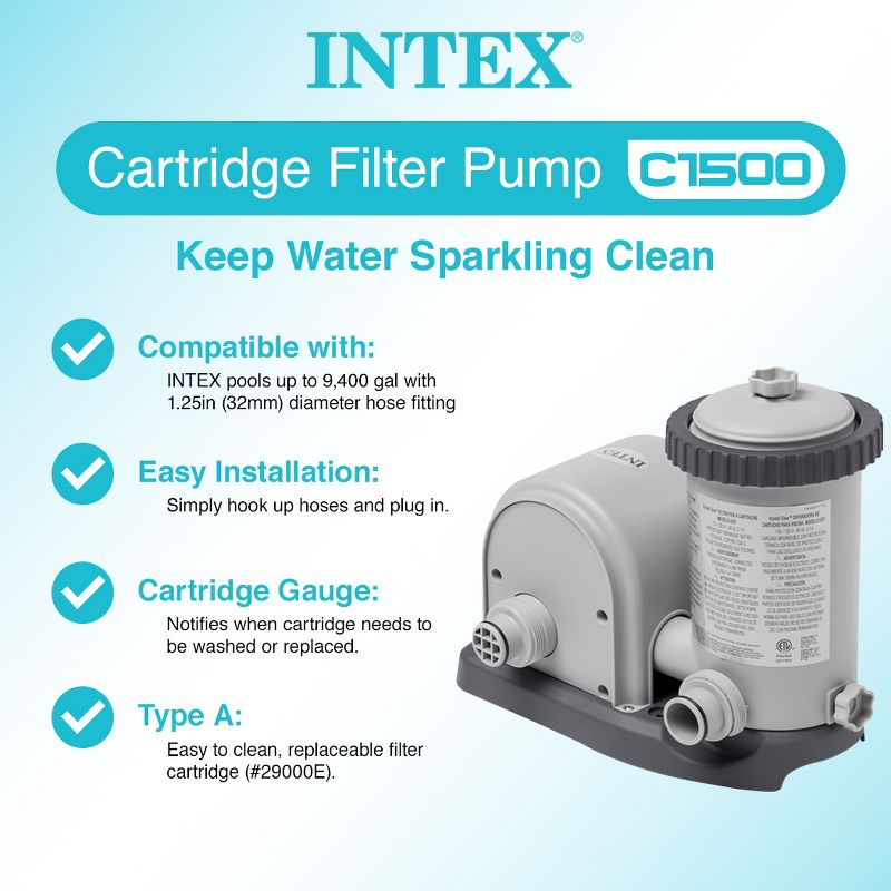 Intex 28635EG 1500 GPH Krystal Clear Cartridge Filter Pump System with 1,180 GPH Flow Rate, 110-120V GFCI, and Automatic Timer for Above Ground Pools, 2 of 7