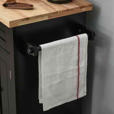 Compact Modern Black Kitchen Island Cart with Rubberwood Top and Storage