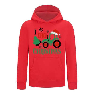 Everyday Kids Christmas Collection I Dig Christmas Pullover Hoodies – Holiday Tractor Sweatshirt - Red