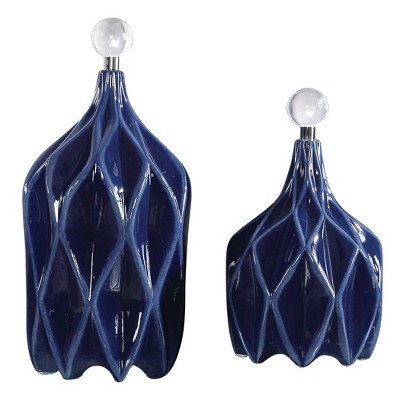Uttermost Klara Geometric Bottles Set of 2 – Glossy Cobalt Blue Ceramic with Nickel & Crystal Accents, 17"H