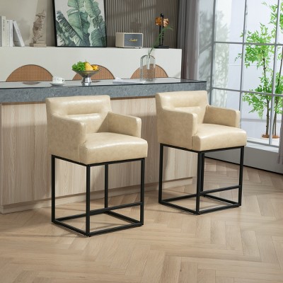 Bar Stools Set Of 2 Extra Tall Modern 36"Bar Stool,Square Bar Stool With Metal Frame Armrest Counter Stool With Backrest-Cuddlewood