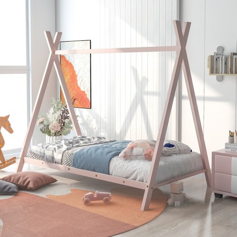 Twin Metal Floor Play House Bed With Slat Tent Frame Pink-modernluxe :