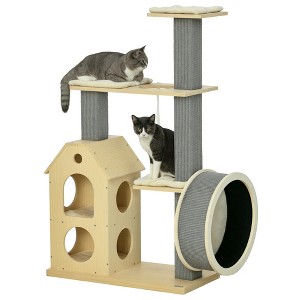 PawHut 53" Modern Cat Tree with Scratching Posts, Small Cat Tree with Double-Layer House, Small Cat Tower for Indoor Cat Furniture, Wooden Cat Tree - 1 of 4