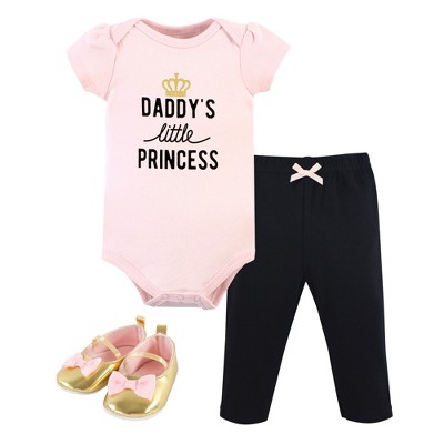 Image of Hudson Baby Infant Girl Cotton Bodysuit, Pant and Shoe Set, Daddys Little Princess, 12-18 Months