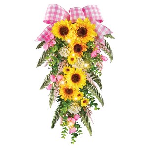 Collections Etc Pink Accented Artificial Sunflower Floral Swag 14" x 4" x 21" - 1 of 2