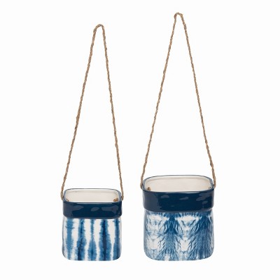 Transpac Dolomite 6" Blue Spring Shibori Design Hanging Planters Set of 2