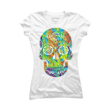 Junior's Design By Humans Dia del Muertos Day of the dead halloween floral skull By ppanda T-Shirt