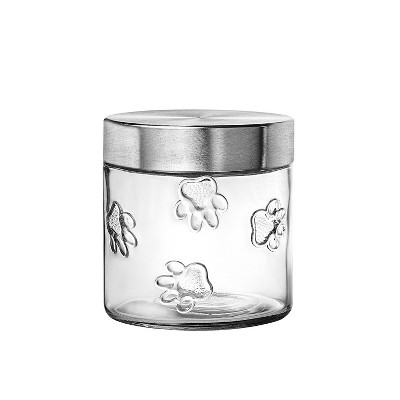 Amici Pet Maxwell Paw Small Glass Storage Canister, 28 oz. , Clear w/ Silver Lid