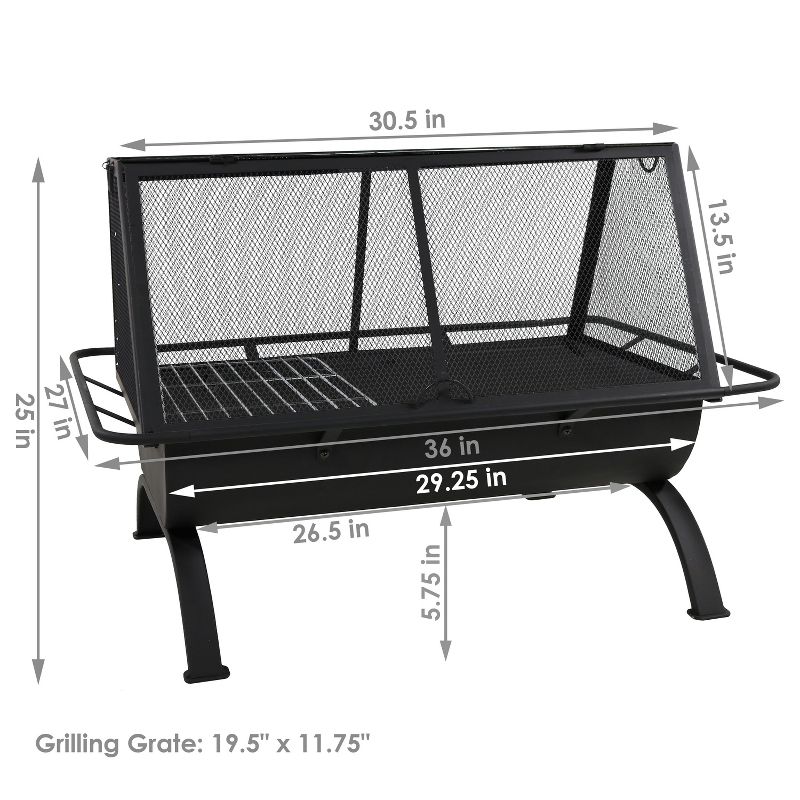 Sunnydaze Outdoor Camping or Backyard Rectangular Northland Fire Pit with Cooking Grill Grate, Spark Screen, Log Poker, and Fire Pit Cover - 36", 4 of 13