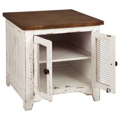 Rustic White and Brown Wood End Table with Storage