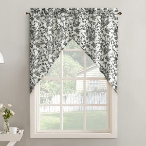 No. 918 2pc 54"x38" Elara Floral Print Semi-Sheer Rod Pocket Kitchen Curtain Swag Pair Black - 1 of 4