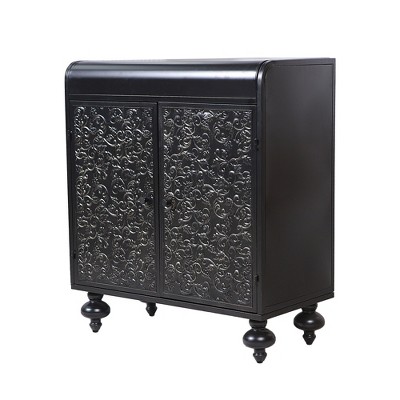 PDTEND Distressed Decorative Storage Cabinet with Embossed Pattern and Double Doors for Entryway, Living or Dining Room - Antique Black