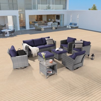 Sonkuki 8-Piece Patio Conversation Set with Swivel Rocking Chair and Side Table, Navy Blue Cushion