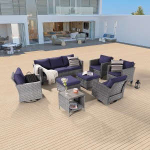 Sonkuki 8-Piece Patio Conversation Set with Swivel Rocking Chair and Side Table, Navy Blue Cushion - 1 of 4