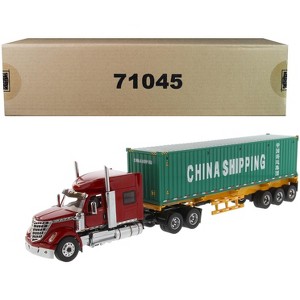 International LoneStar Red w/Skeleton Trailer & 40' Dry Goods Sea Container "China Shipping" Green 1/50 Diecast Masters - 1 of 3