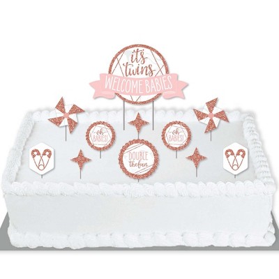 Big Dot of Happiness It's Twin Girls - Pink and Rose Gold Twins Baby Shower Cake Decorating Kit - Welcome Babies Cake Topper Set - 11 Pieces