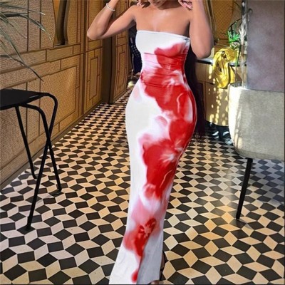 Clotth Women's Tie Dye Maxi Tube Dress Strapless Sleeveless Split Back Bodycon Dresses Random Printing Bandeau Dress
