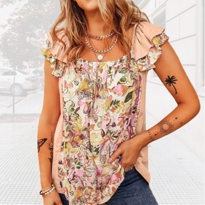 Womens Ruffled Sleeve Tops Cap Sleeve Casual Floral Blouse Square Neck Open Back Tank Tops Summer Lounge Tops with Ruffle Cap Sleeve,Pink - M - 1 of 4