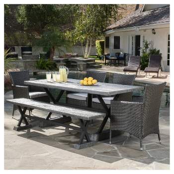 Ponza 6pc Rectangle Wicker & Light Weight Concrete Patio Dining Set - Gray - Christopher Knight Home