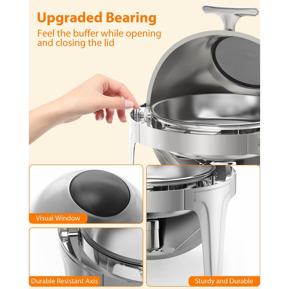 Roll Top Chafing Dish Set - Full Size Stainless Steel Buffet Warmer with Glass Window for Weddings & Events, Silver - thumbnail 4