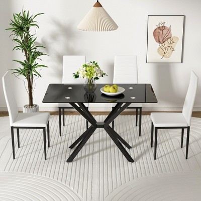 Dolonm Modern 47.24" Tempered Glass Dining Table w/Black/Gold/Silver Metal Legs,Easy Clean & Assemble for Kitchen/Dining Room