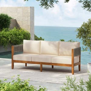 Christopher Knight Home Robin 76" Patio Rustic Rope Weave Acacia Wood 3-Seater Sofa with Cushions - 1 of 4