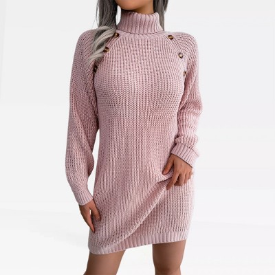 Womens Turtle Neck Sweater Dress Rib Knit Chunky Sweater with Lantern Sleeve Button Deco Ribbed Cuff Fall Sweater Mini Dress