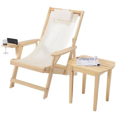 Romantic Wood & Canvas Sling Chair With Cup Holder - Foldable, Natural Color