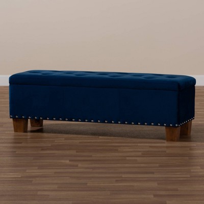 Elegant Navy Blue Velvet Tufted Storage Ottoman Bench with Silver Accents