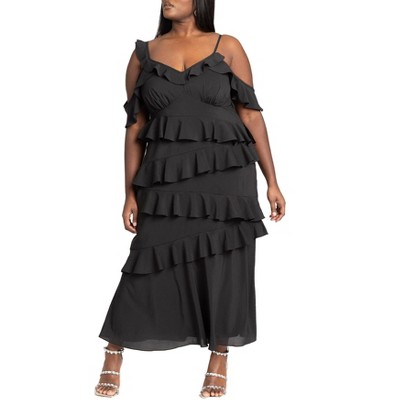 ELOQUII Women's Plus Size Asym Ruffle Maxi Dress