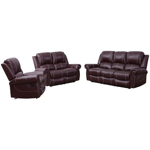 3pc Lorenzo Top Grain Leather Reclining Sofa Set Burgundy Abbyson Living