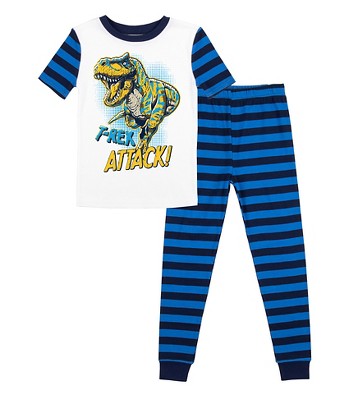 Dinosaur Character Blue And Black Stripe Youth Short Sleeve Pajama Set