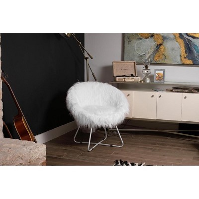 White Faux Fur Papasan Chair with Silver Metal Legs