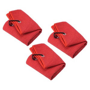 Unique Bargains Super Absorbent Waffle Pattern Tri-Fold Golf Towels with D Clips 3 Pcs - 1 of 4