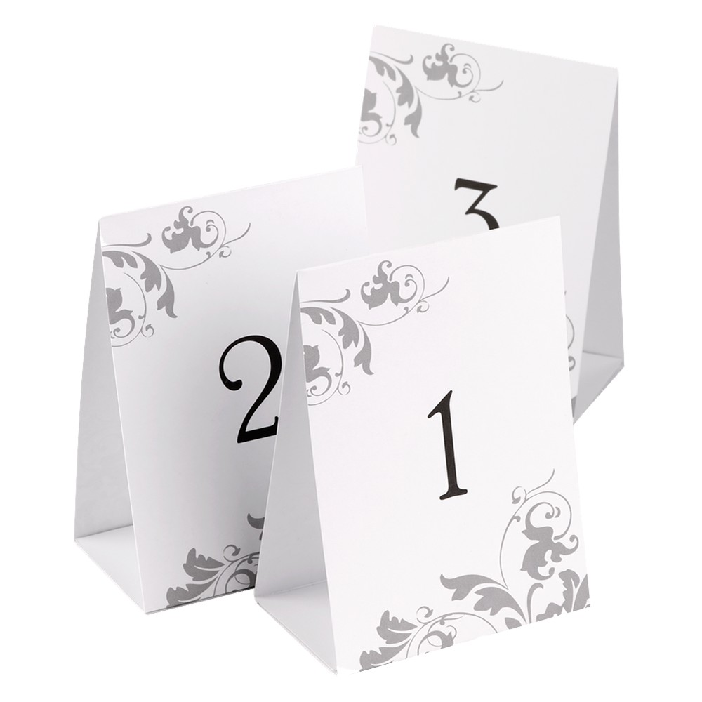 40ct Wedding Table Number Tents Organize your wedding reception or other formal event with these table number tents from Hortense B. Hewitt. Made from heavy white paper with a gray floral design, these tents help your guests find their assigned tables. This set displays the numbers 1 through 40 in black ink.